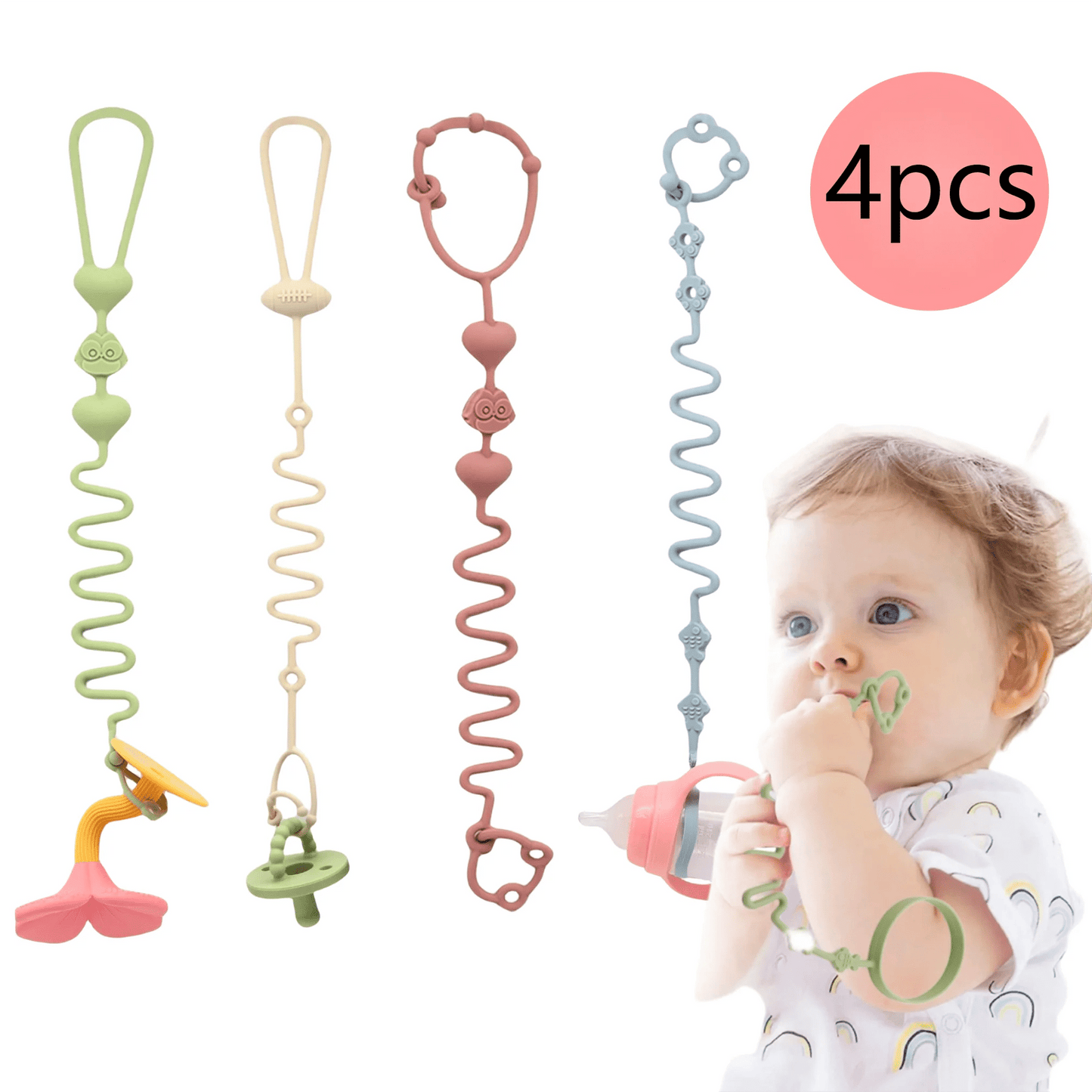 4PCS Adjustable Silicone Pacifier Chain Teether Toys Suitable for High Chair Crib Baby Gifts Beige - BabyHaven