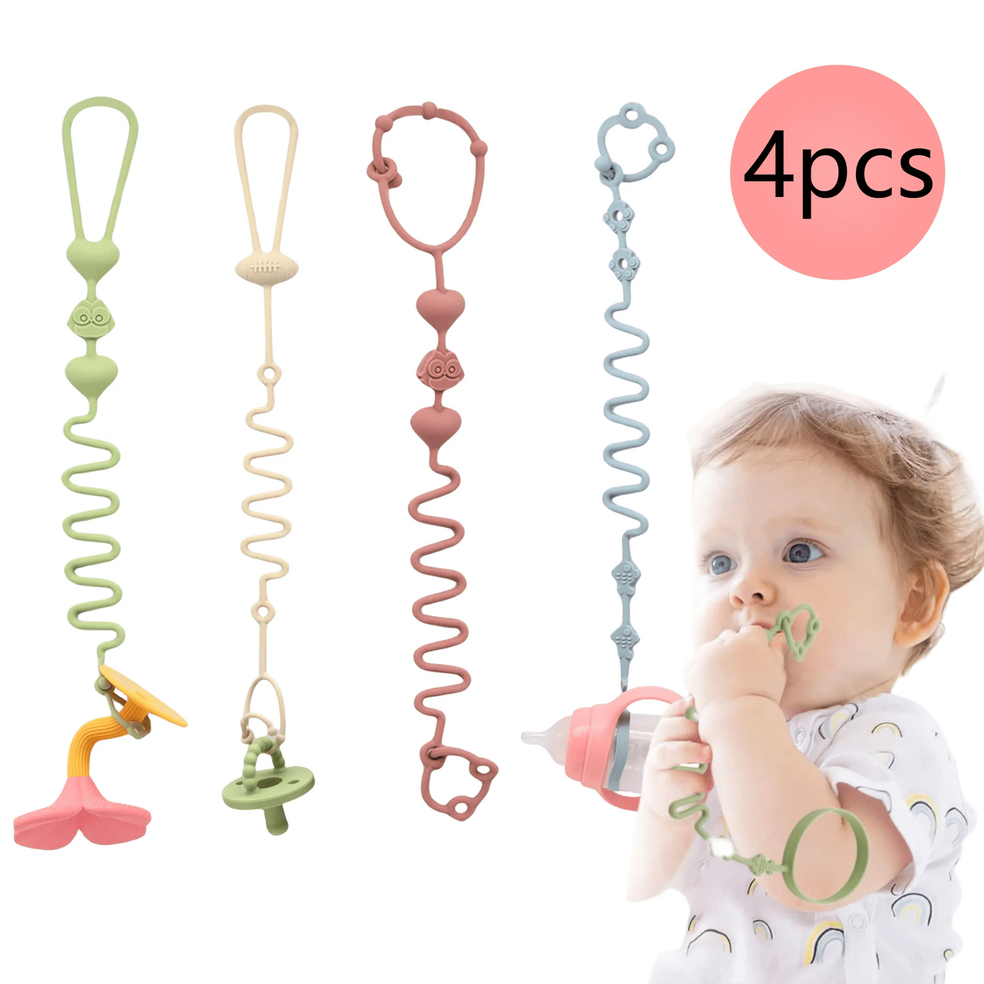 4PCS Adjustable Silicone Pacifier Chain Teether Toys Suitable for High Chair Crib Baby Gifts Beige - BabyHaven