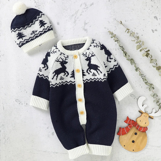 Sending Hats Baby Christmas Rompers Clothes Red Reindeer Knit Newborn Boy Girl Jumpsuits Winter Infant Kids New Year Playsuits