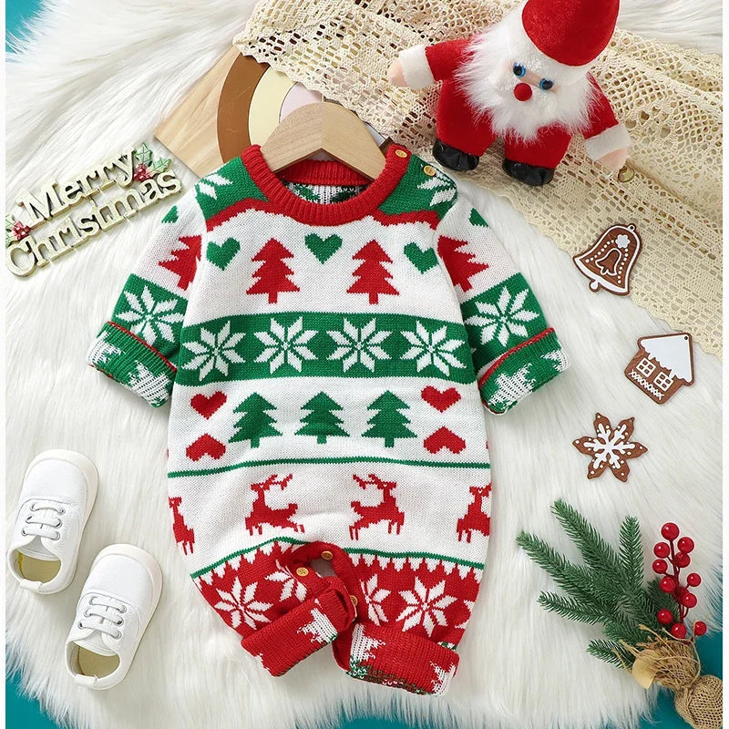 0-18m Red Reindeer Knit clothes Infant Winter Newborn Christmas Rompers Boys Girl Long Sleeve Playsuits Hats Set Toddler Outwear