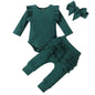 3Pcs Baby Girl Outfit Set Newborn Toddler Kids Clothing Set Baby Girls Lace Ruffles Cotton Bodysuit +Pants+Headband Clothing