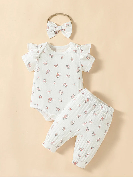 2pcs Newborn Baby Girls Floral Summer Cotton Pantsuit Set