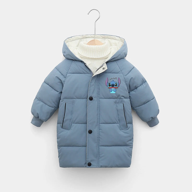 Disney Stitch Kids Long Winter Jacket Thicken Warm Cotton Coat for Boys And Girls Autumn Teen Outerwear Big Children's Clothes