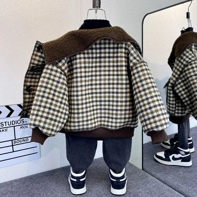 Girl Children's Clothing Fleece Plaid Single Breasted Jacket 2025 New Boy Autumn Winter Jacket Baby One-piece Fleece Top