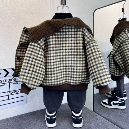 Girl Children's Clothing Fleece Plaid Single Breasted Jacket 2025 New Boy Autumn Winter Jacket Baby One-piece Fleece Top