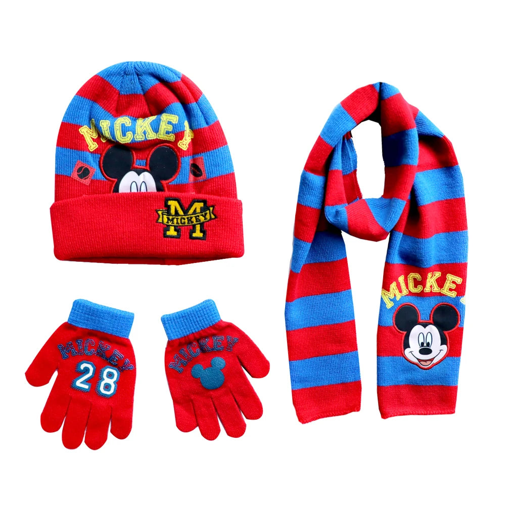 3pcs/set 4-8Years children's hat boys Mickey Cartoon hat scarf gloves hat knitted sets girl cap keep warm girls headgear