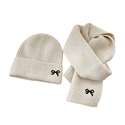 2024 Kids Knitted Hats Scarfs Set Cute Bow Embroidered Hat Trendy Solid Girls Baby Cap Winter Warm Children Accessories