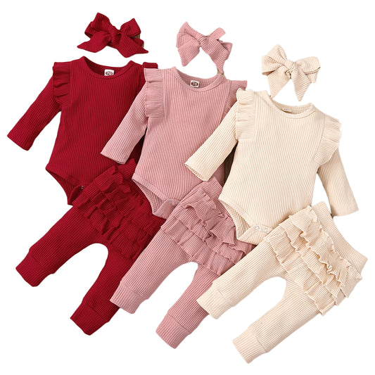 3Pcs Baby Girl Outfit Set Newborn Toddler Kids Clothing Set with lace ruffles, bodysuit, pants, and headband by bibihou.