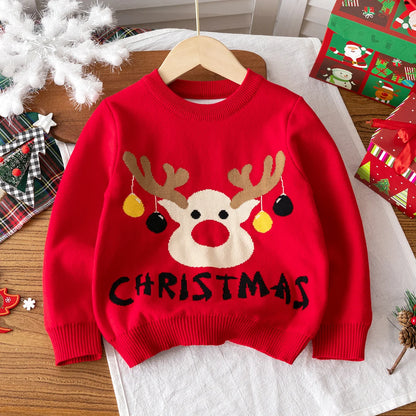 Boys and girls Christmas reindeer pattern sweater knitted pullover suitable for Christmas parties in spring, autumn, and winter