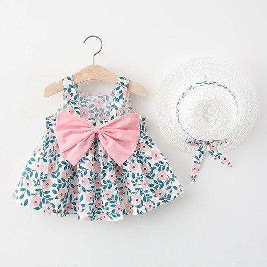 Summer Newborn Baby Clothes Toddler Girl Cotton Beach Suspender Dress and Sun Hat 2 Piece Set - BabyHaven