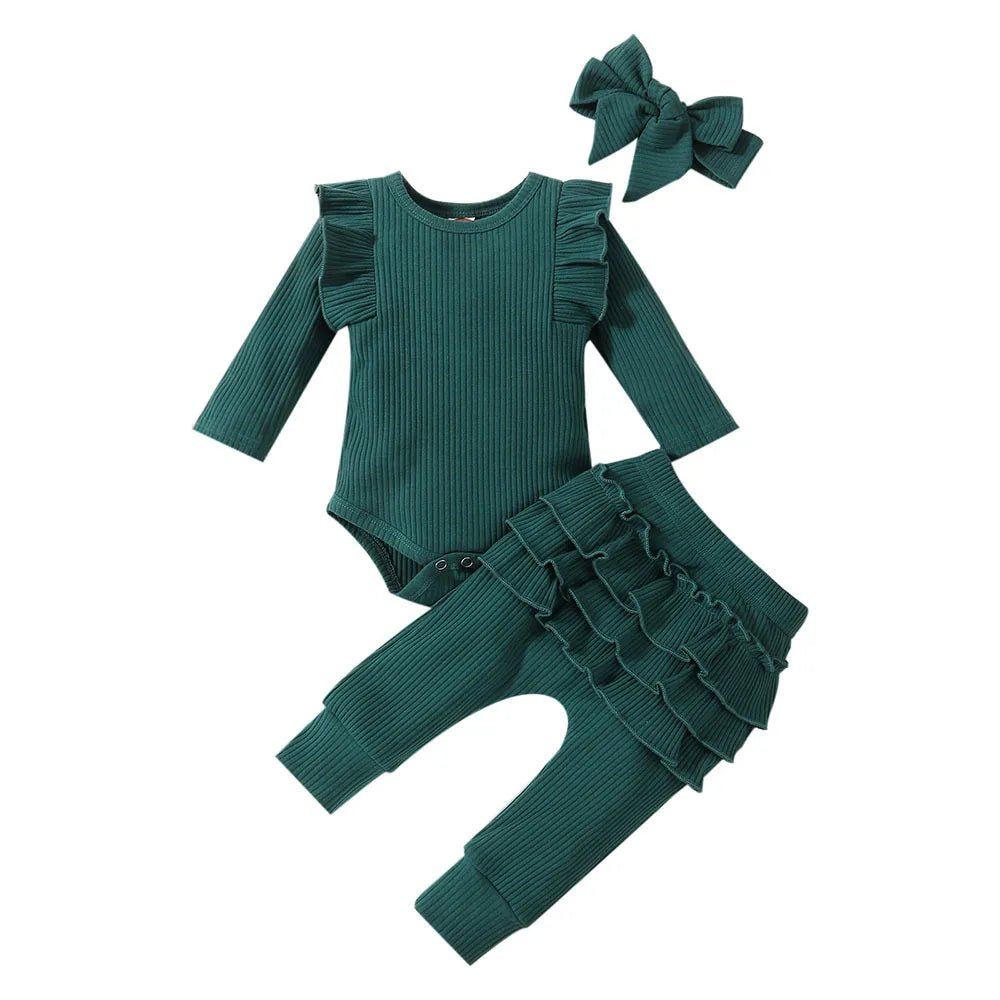 Newborn Baby Girls Clothes Infant Long Sleeve Ruffle Romper Bodysuits+Pants+Bow Headband 3Pcs Suit Children Toddler Outfit A422 - BabyHaven