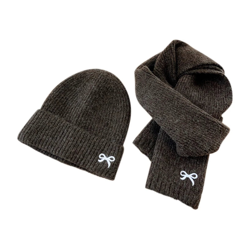2024 Kids Knitted Hats Scarfs Set Cute Bow Embroidered Hat Trendy Solid Girls Baby Cap Winter Warm Children Accessories