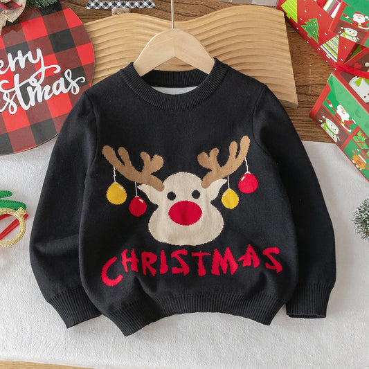 Boys and girls Christmas reindeer pattern sweater knitted pullover suitable for Christmas parties in spring, autumn, and winter