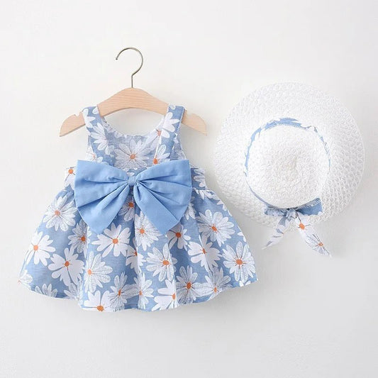 Summer Newborn Baby Clothes Toddler Girl Cotton Beach Suspender Dress and Sun Hat 2 Piece Set - BabyHaven