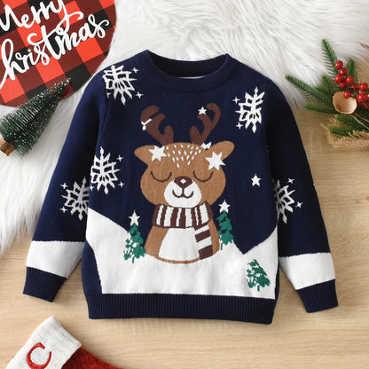 Boys and girls Christmas reindeer sweater long sleeved pullover suitable for parties, daily spring, autumn, winter