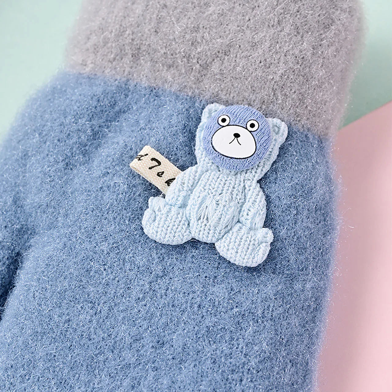 Cute Bear Kids Plush Hanging Neck Mittens Boys Girls Anti Cold Warm Hand Cover 3-7year Children Woolen Glove Winter Baby Thermal