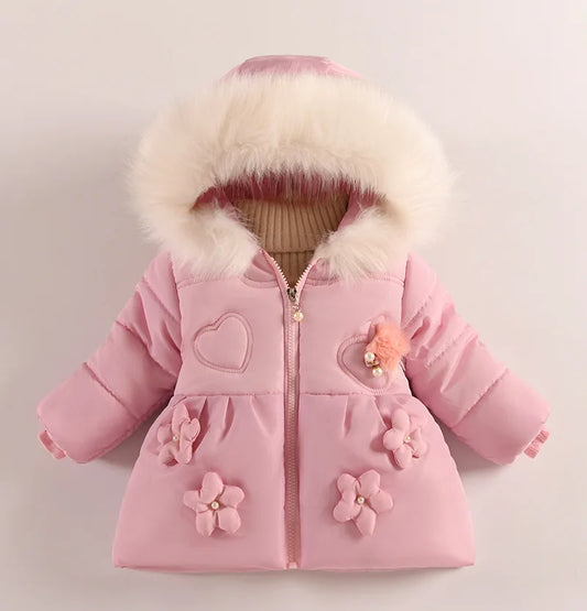 Flowers Autumn Winter Girls Jacket Fur Collar Keep Warm Little Princess Coat Hooded Zipper Baby Outerwear 1-5 Years Kids Clothes
