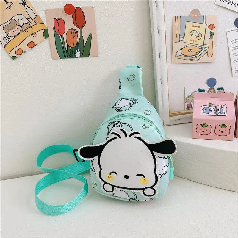 Cute Hello Kitty bag with adorable prints and teal straps, perfect for kids aged 2 and up, made from durable canvas material.