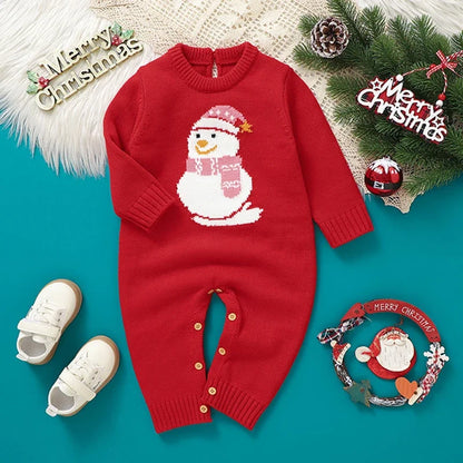 Christmas Rompers Red Winter Newborn Reindeer Knit Infant Boys Girl Long Sleeve Cartoon Snowman Rompers Toddler Outwear Clothes