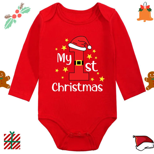 My 1st Christmas Santa Claus Elk Print Newborn Cute Long Sleeve Romper Red Cotton Baby Boys Girls Bodysuit