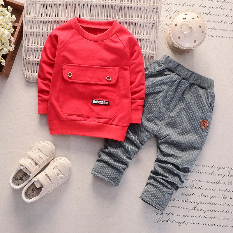 2PCS Baby Long Sleeve Set Baby Solid Large Pocket Pants Outfit