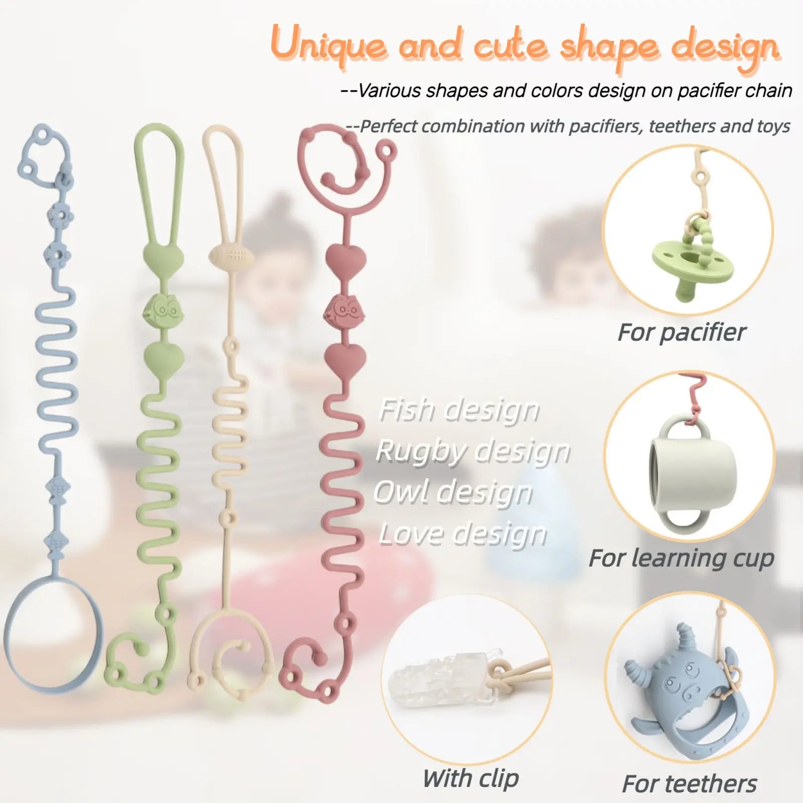 4PCS Adjustable Silicone Pacifier Chain Teether Toys Suitable for High Chair Crib Baby Gifts Beige - BabyHaven