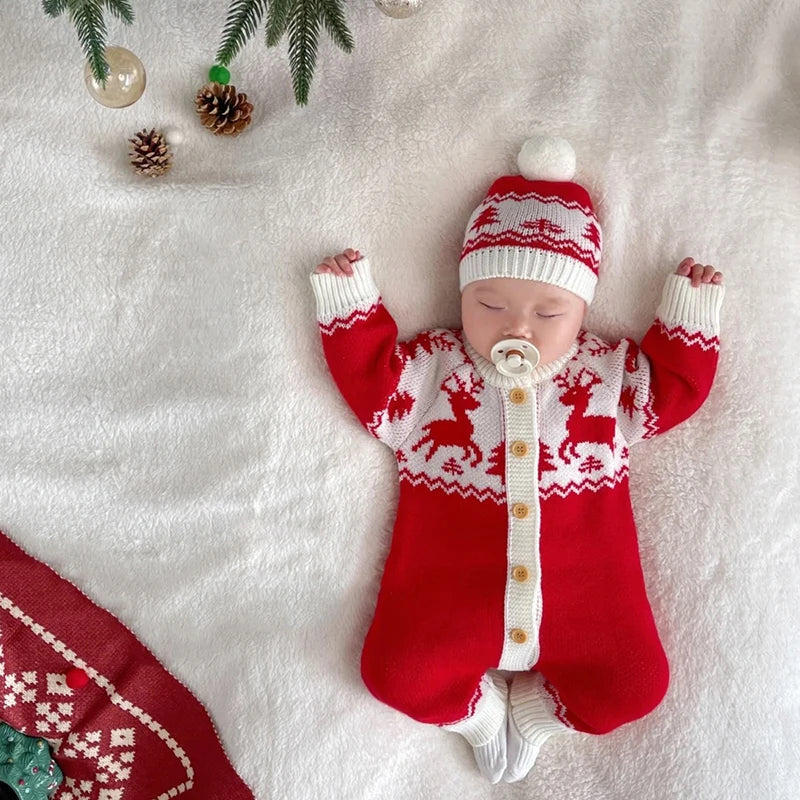 Sending Hats Baby Christmas Rompers Clothes Red Reindeer Knit Newborn Boy Girl Jumpsuits Winter Infant Kids New Year Playsuits