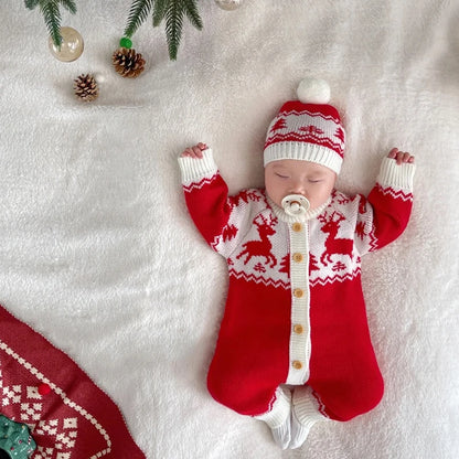 Sending Hats Baby Christmas Rompers Clothes Red Reindeer Knit Newborn Boy Girl Jumpsuits Winter Infant Kids New Year Playsuits