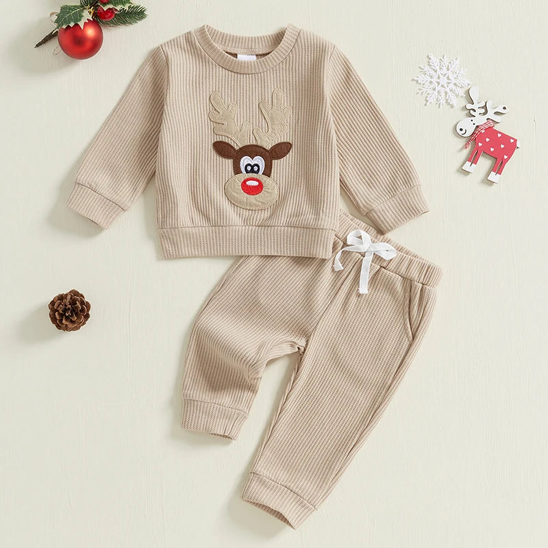 Baby 2Pcs Christmas Outfits Long Sleeve Reindeer Embroidery Sweatshirt and Pocket Pants Set Winter Clothes