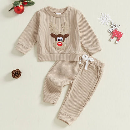 Baby 2Pcs Christmas Outfits Long Sleeve Reindeer Embroidery Sweatshirt and Pocket Pants Set Winter Clothes