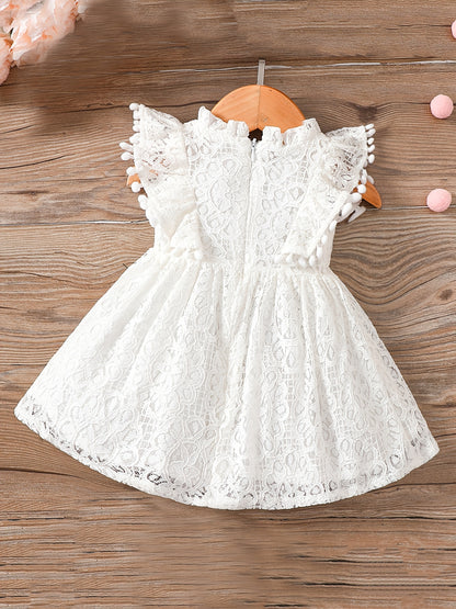 Elegant Lace Overlay Cotton Dress With Pompom Trim for Girls