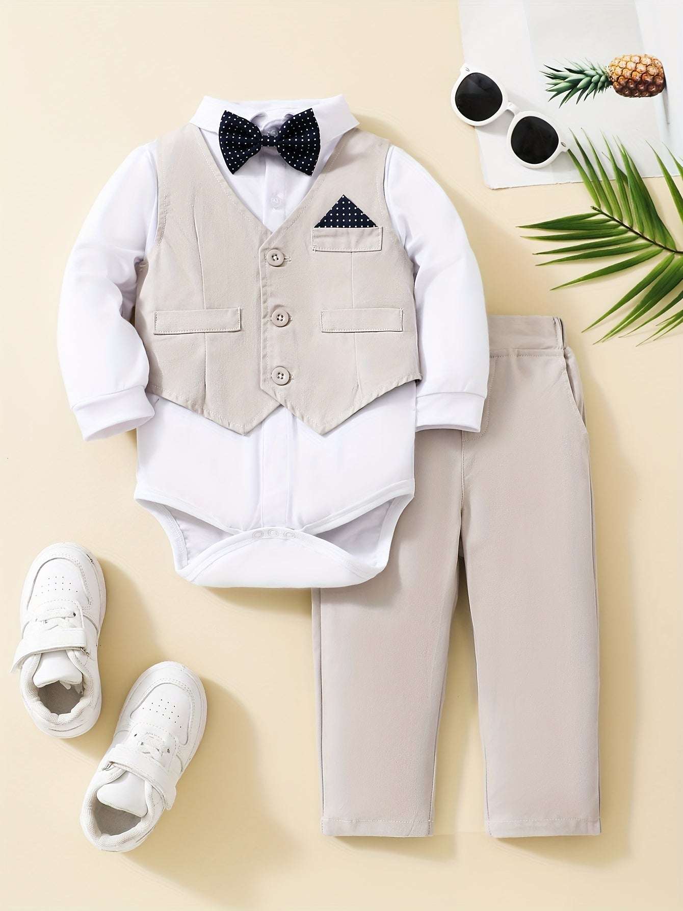 Dapper gentleman 3-piece suit set for boys special occasions with bowtie, vest, shirt, and pants.