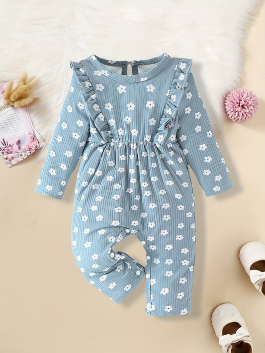 Girls' Long Sleeve Floral Romper with Crew Neck Casual Style