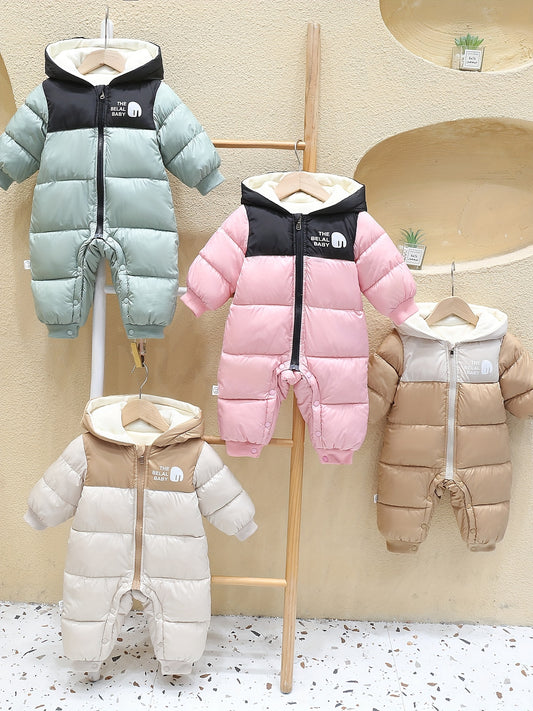 Cozy Fleece-Lined Baby Hooded Onesie Color Block Snowsuit