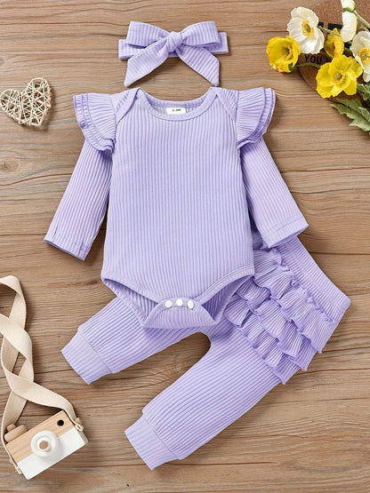 Charming Trio 3-piece girls' outfit set with headband, featuring a lavender ruffled long-sleeve top and matching pants.