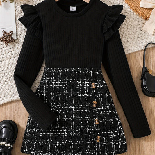 2-piece set with a flounce trim long sleeve top and tweed knit skirt, showcasing chic and versatile style.