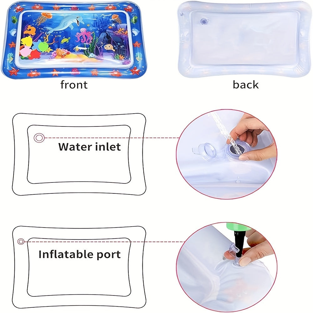 Water play mat for babies and toddlers with colorful floating toys, showcasing front and back views, water inlet, and inflatable port.