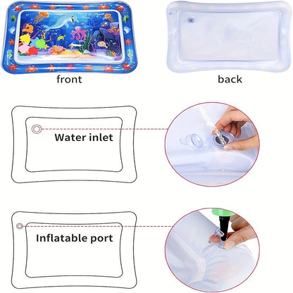 Water play mat for babies and toddlers with colorful floating toys, showcasing front and back views, water inlet, and inflatable port.