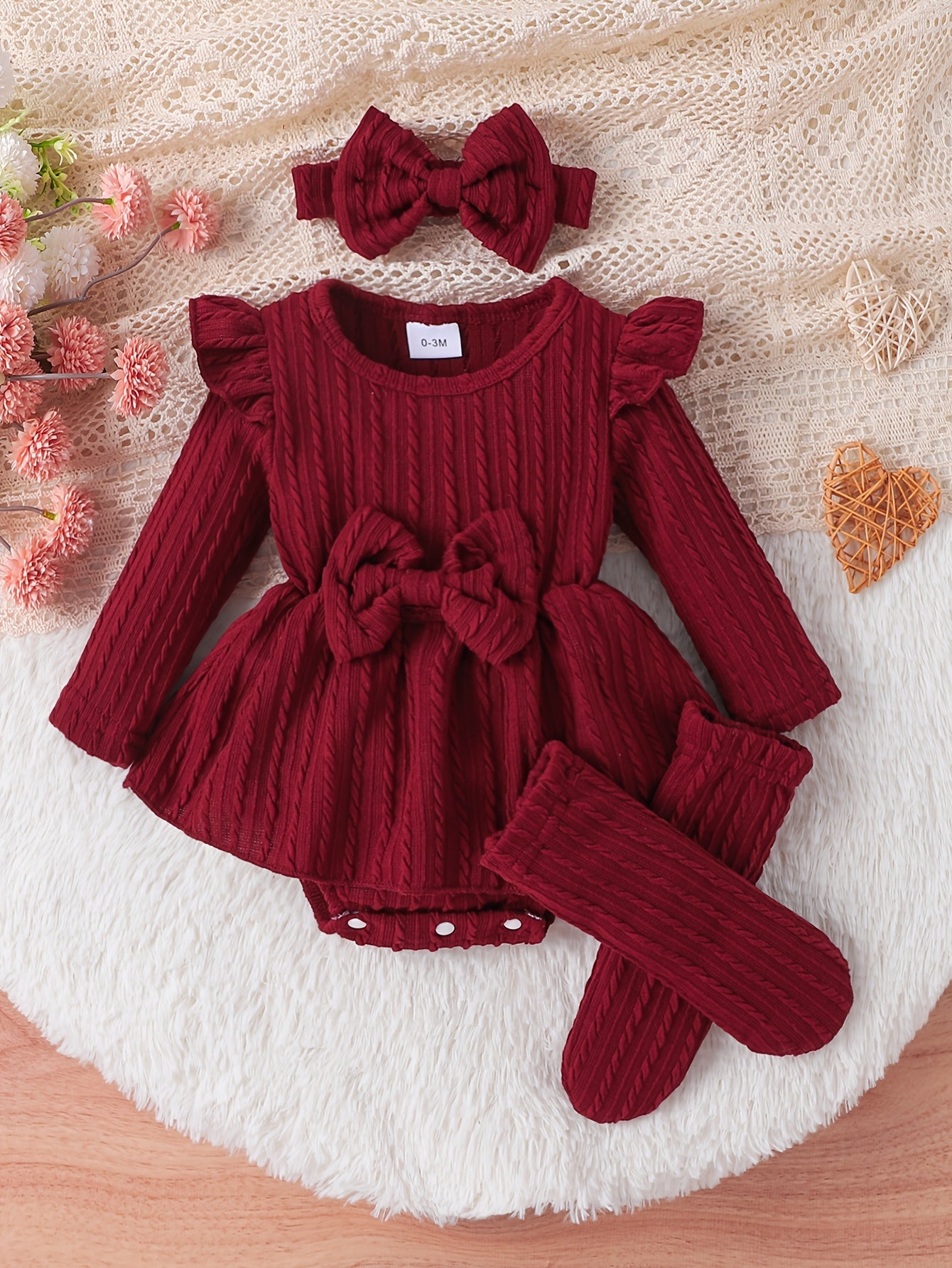 Classic Elegance Solid Bordeaux Red Baby Girl Set Outfit