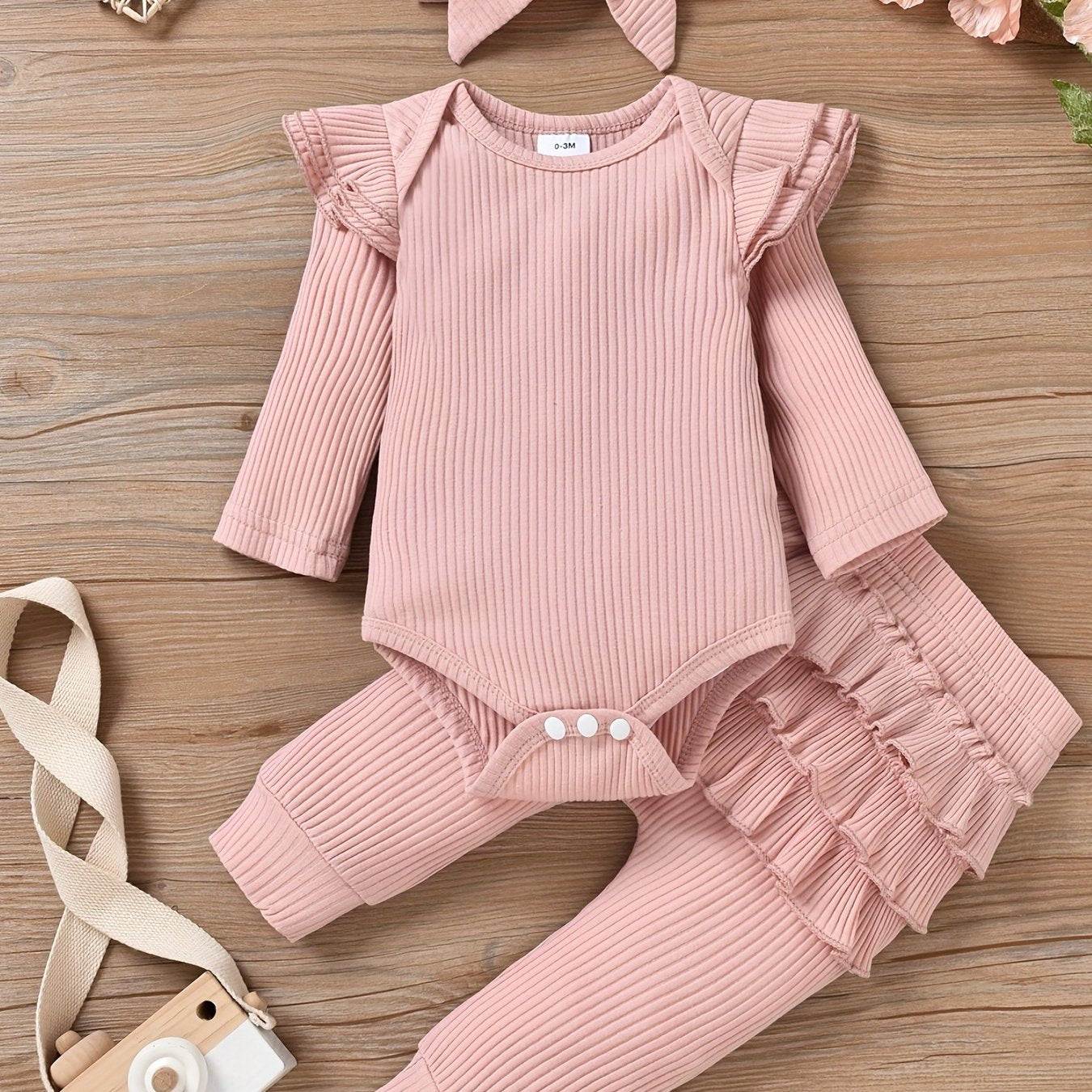 Charming trio 3-piece outfit set for girls with headband, pink ruffled long-sleeve top and matching pants, made from comfortable cotton blend.