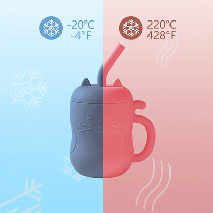 Kawaii cat-themed learning cup with straw, featuring temperature resistance from -20°C (-4°F) to 220°C (428°F).