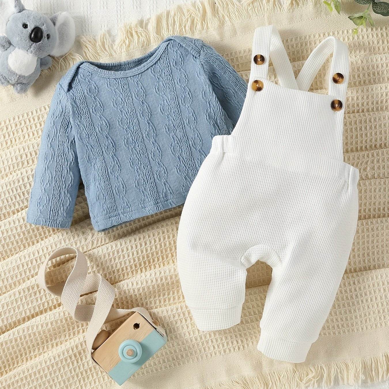 Classic kids 2-piece overall and shirt set with button accents, made of soft cotton-polyester blend for comfort and style.