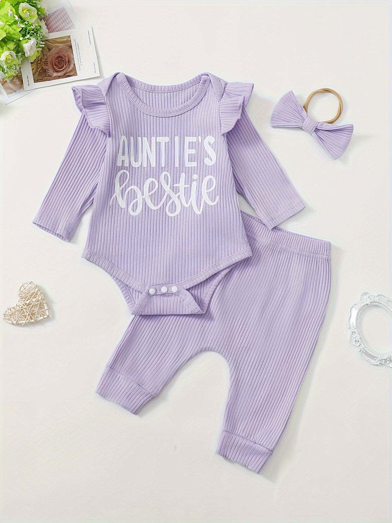 Best friend vibes cute set with 'auntie's bestie' print in soft cotton, featuring a purple outfit with matching bow.