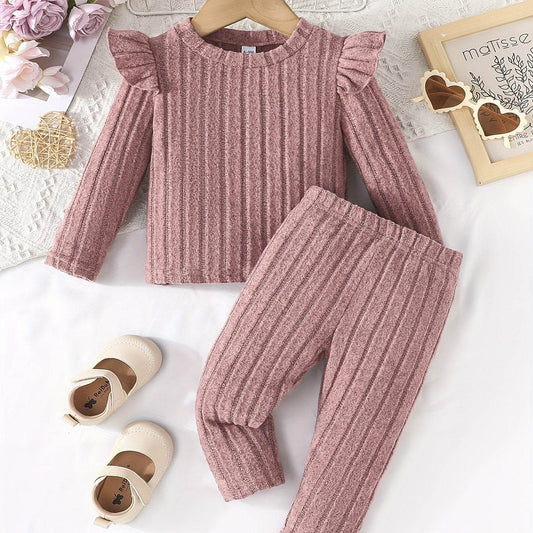 Stylish girls' multicolor outfit set with ruffle details and crew neck.
