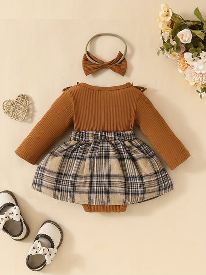 Chic Girls' Plaid Dress With Bow & Lace Detail For Autumn