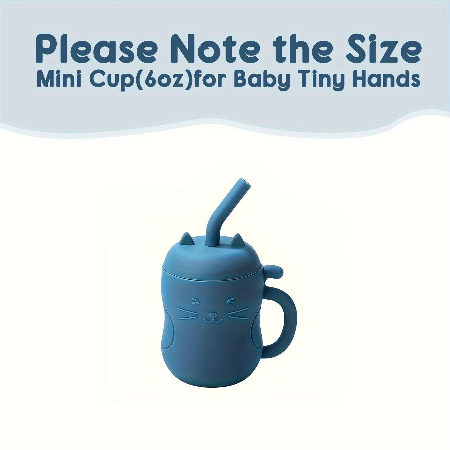 Kawaii blue cat-themed silicone baby cup with straw and handle.