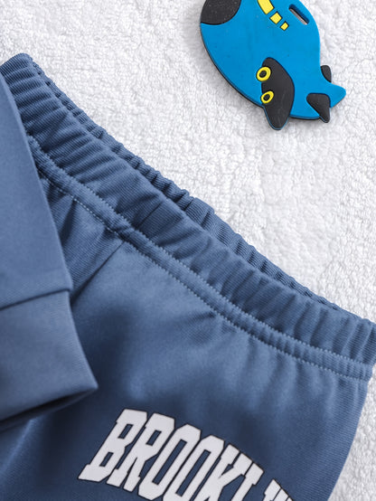 0-3 Years Old Two-piece European and American Fashion Boy's Baby Blue Letter Print Hoodie Suit