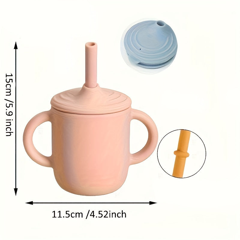 Easy grip double handled cup for kids with silicone material and secure lid.