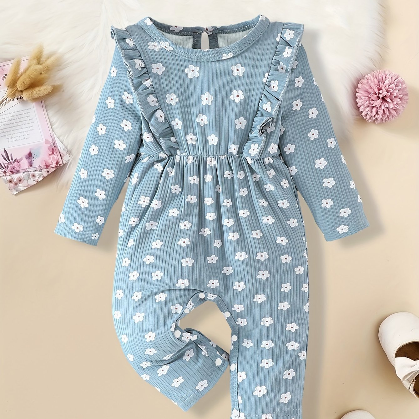 Girls' Long Sleeve Floral Romper with Crew Neck Casual Style