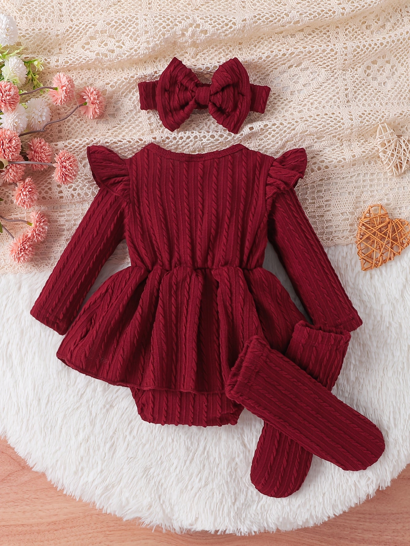 Classic Elegance Solid Bordeaux Red Baby Girl Set Outfit